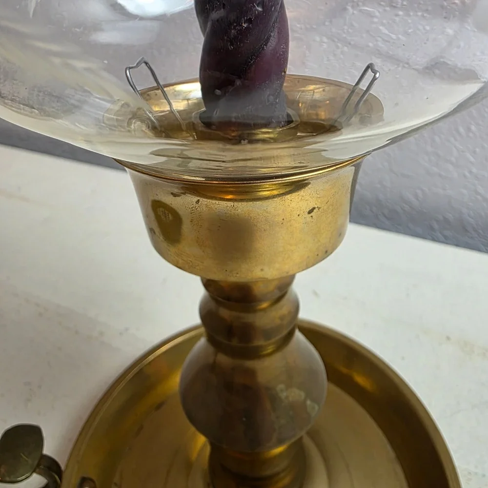 Vintage Brass‎ Chamberstick Candle Holder with Etched Glass Hurricane Chimney